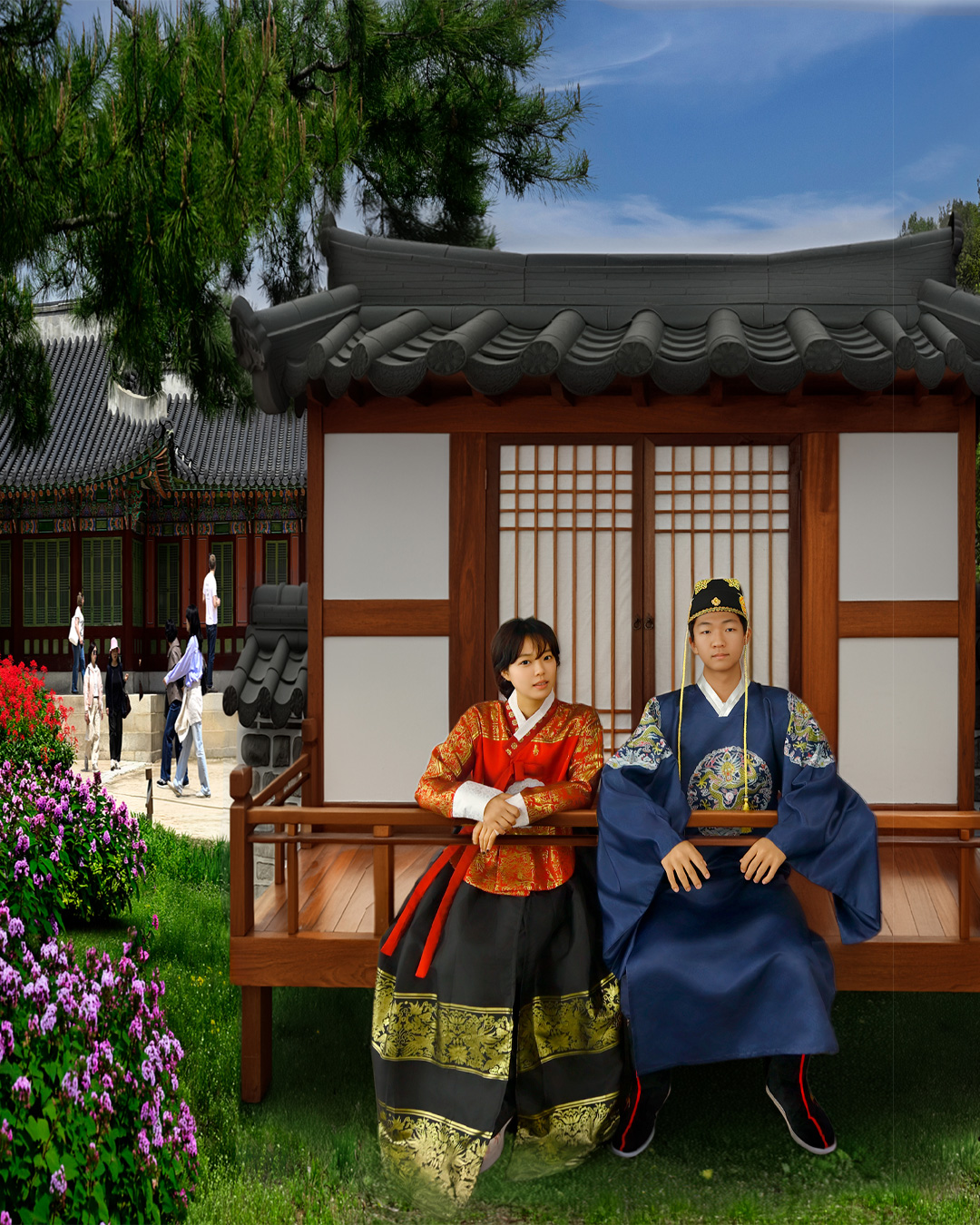 Couple in a Korean traditional background