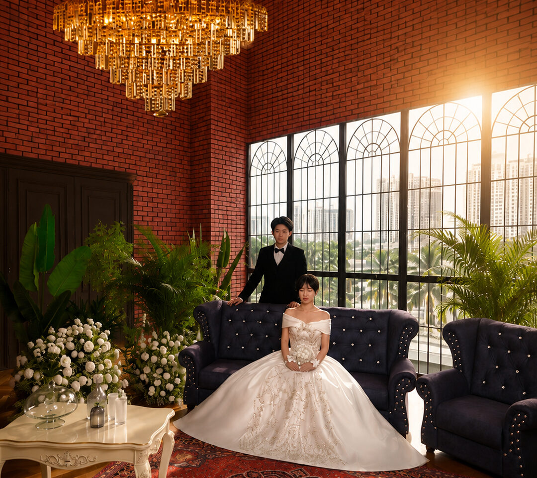 Wedding couple in the main brick studio set
