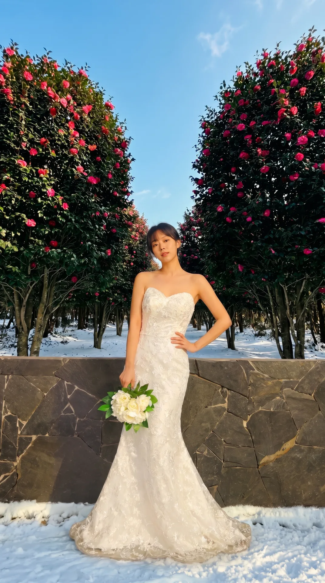Bride in a camellia and snow wedding set