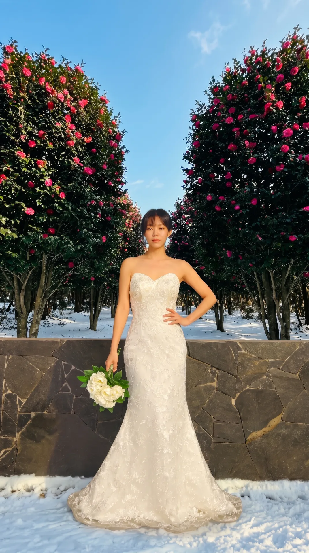 Bride posing in a camellia wedding set