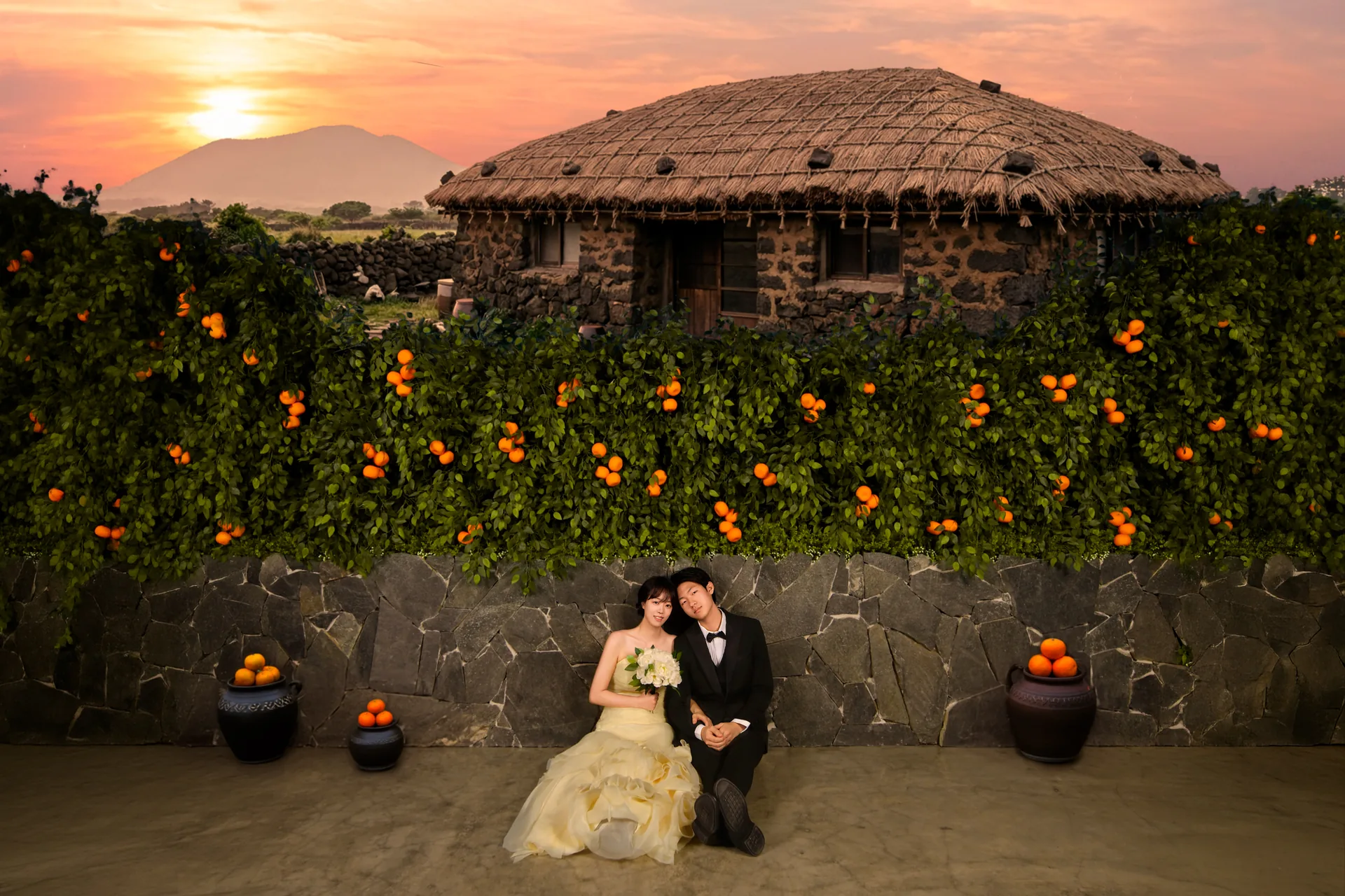 Wedding couple in a Jeju tangerine set
