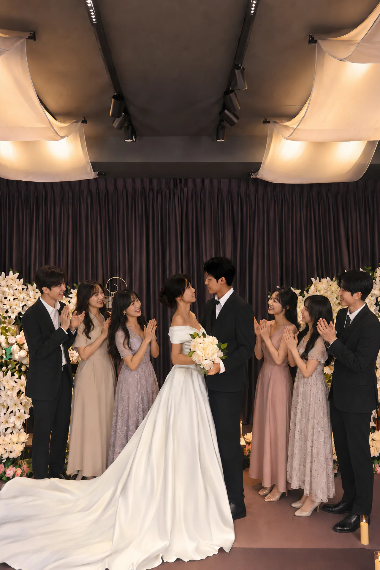 Wedding party celebrating with the couple