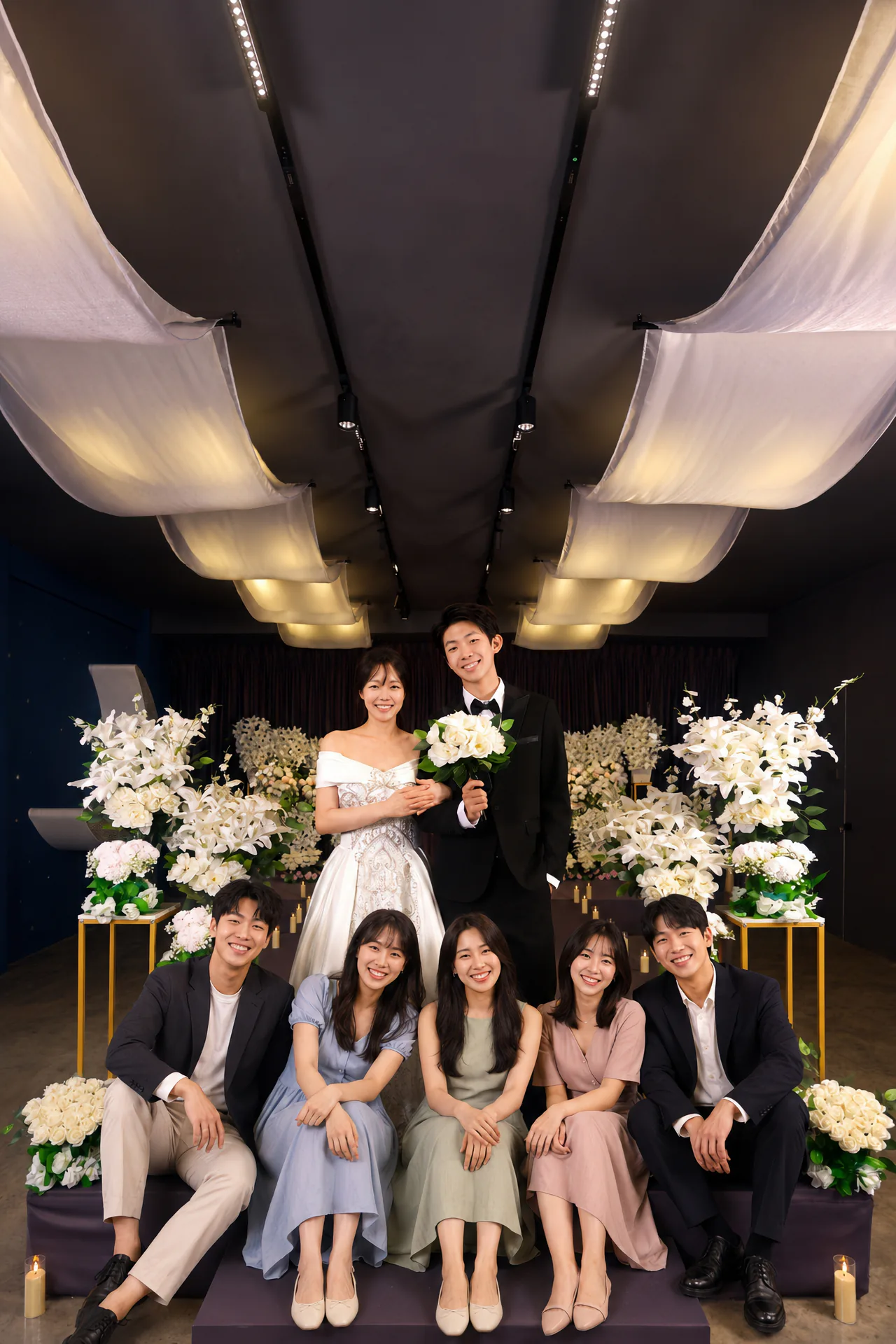 Wedding couple and friends in a floral ceremony set