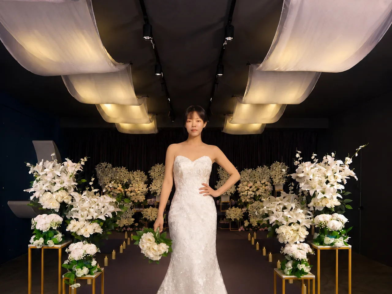 Bride in a floral Korean wedding hall