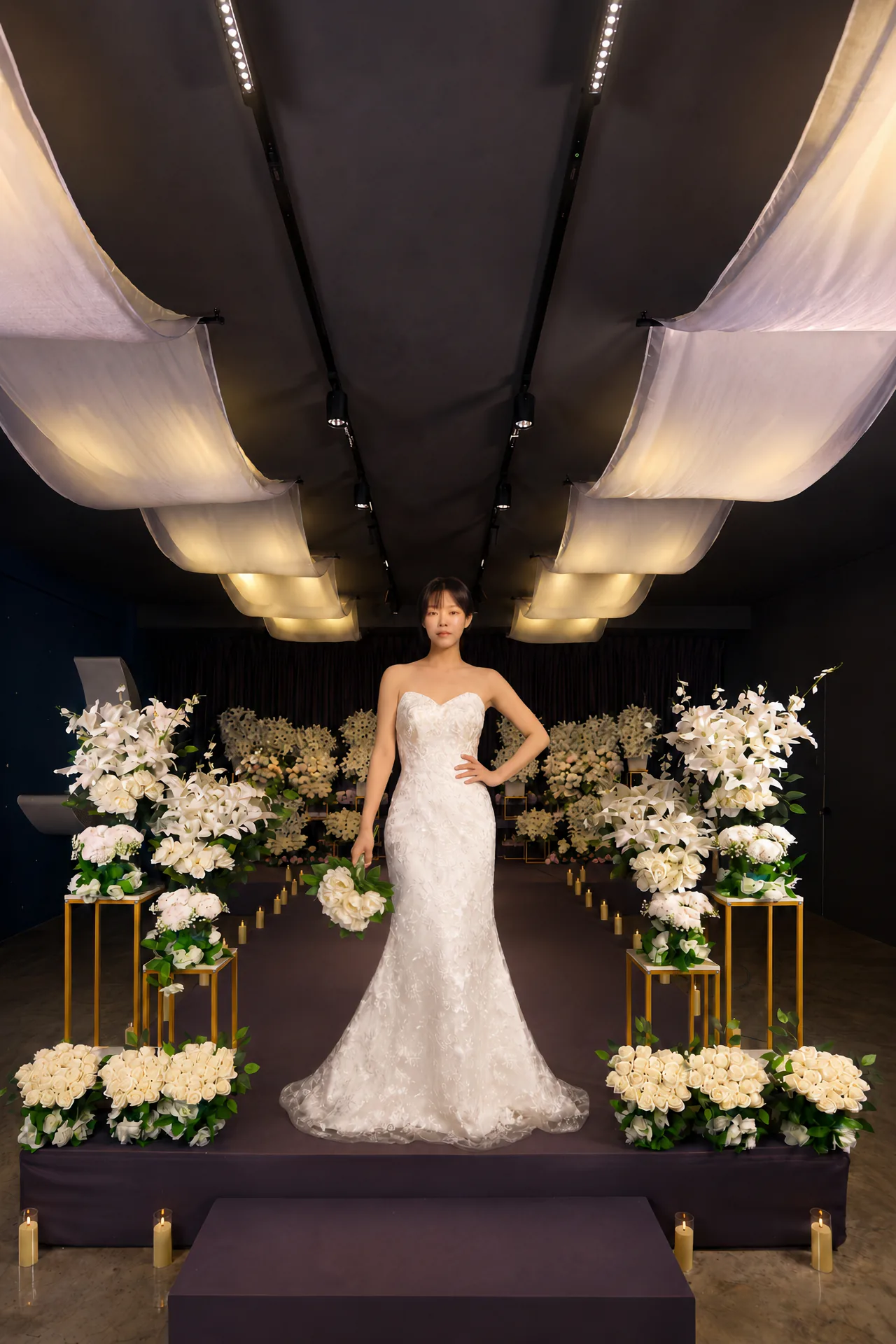 Bride in a floral Korean wedding hall